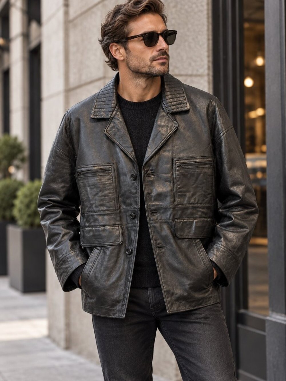 Vintage Snow Plum Men’s Leather Jacket XL Zip-Out Shearling Vest Black